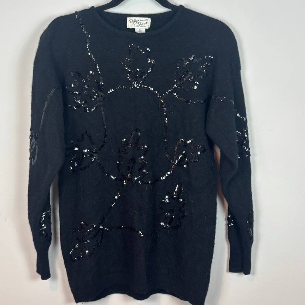 Reference Point by Dray Lambswool Black Floral Sequence 90's Sweater Womens LG‎